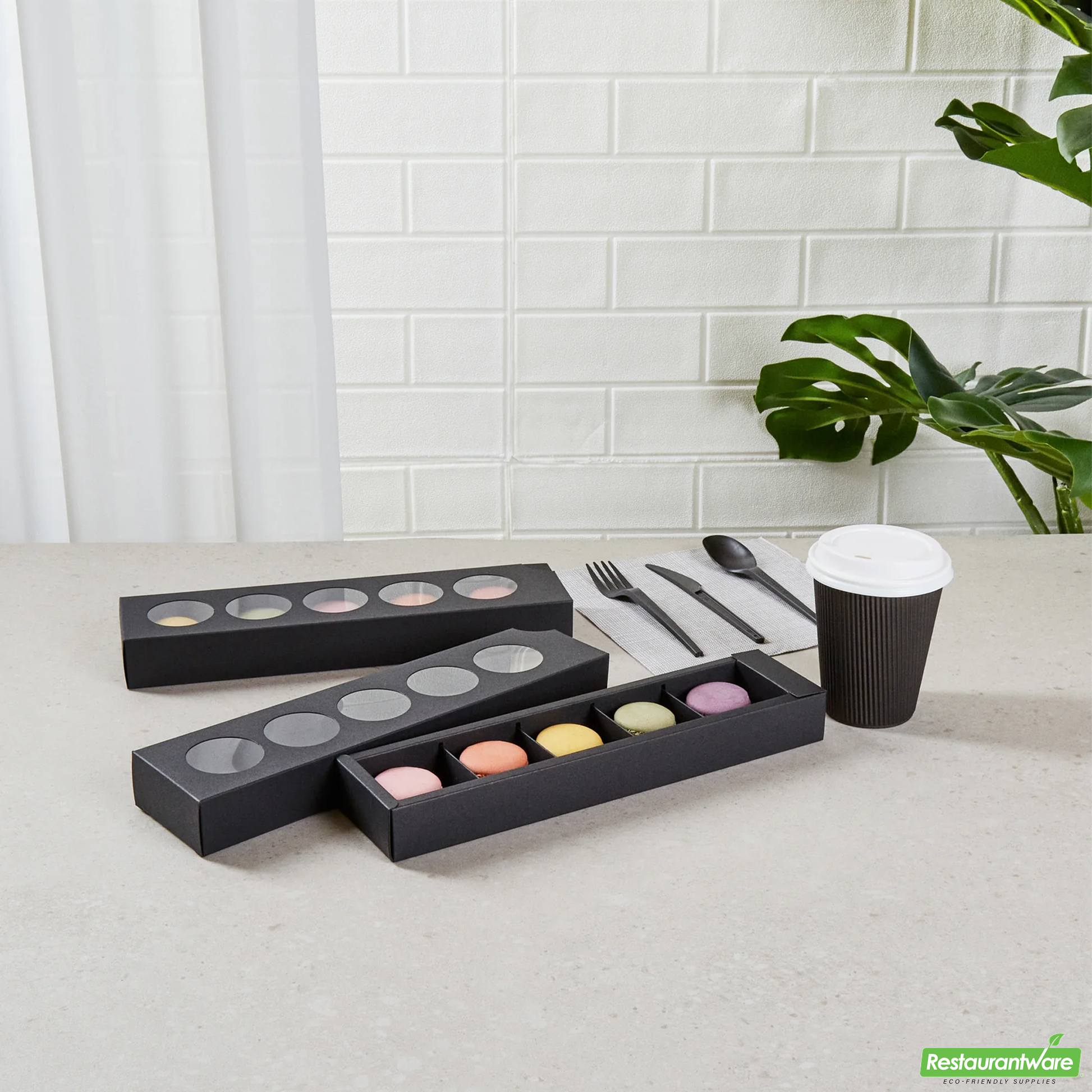 Wholesale Restaurantware Valentino Rectangle Black Paper Macaron Box - Holds 5 Macarons - 12" X 3" X 1 1/2"- Bulk