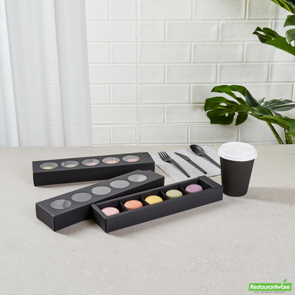 Wholesale Restaurantware Valentino Rectangle Black Paper Macaron Box - Holds 5 Macarons - 12" X 3" X 1 1/2"- Bulk