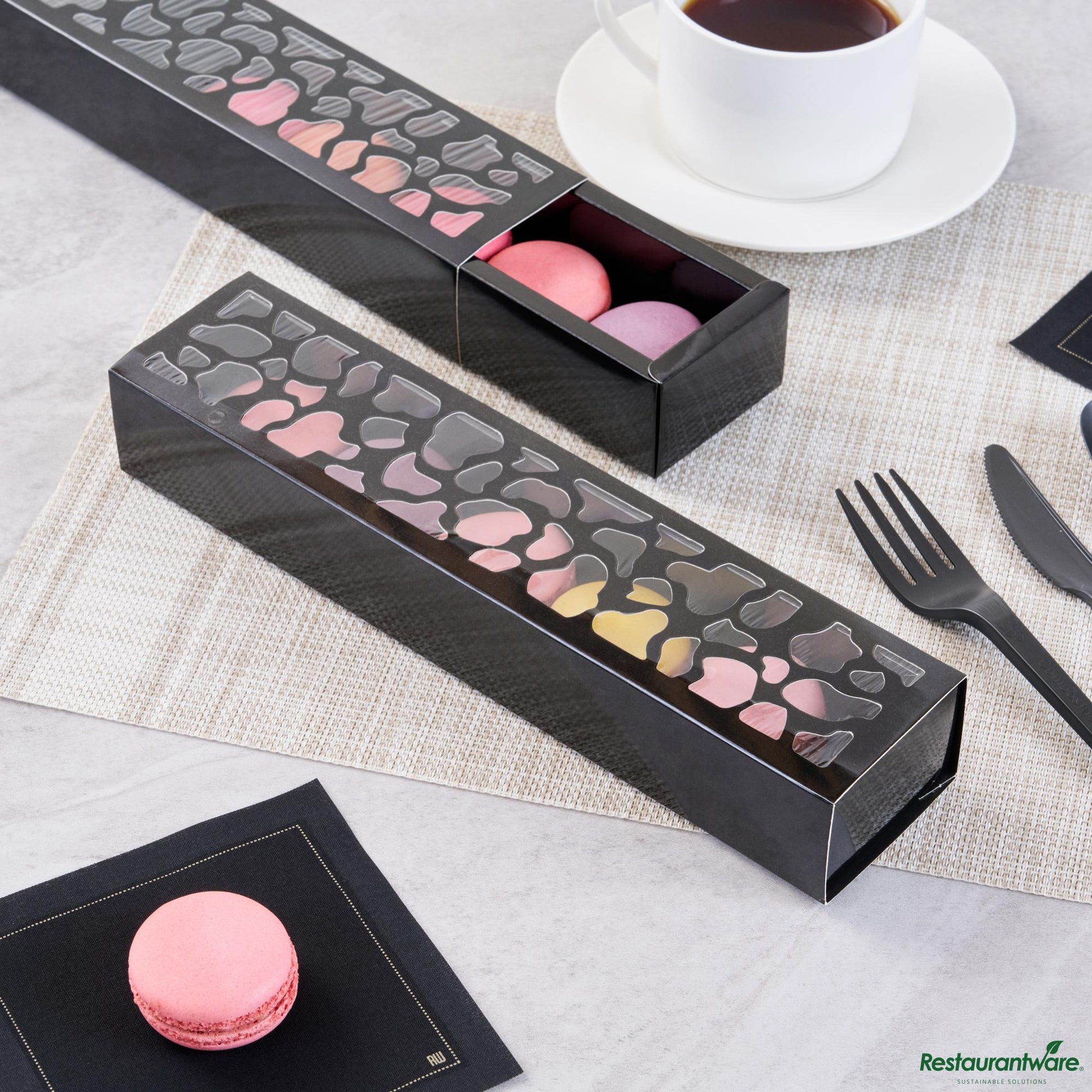 Wholesale Restaurantware Sentiero Rectangle Black Paper Macaron Box - Holds 5 Macarons - 10" X 2 1/4" X 1 1/2"- Bulk