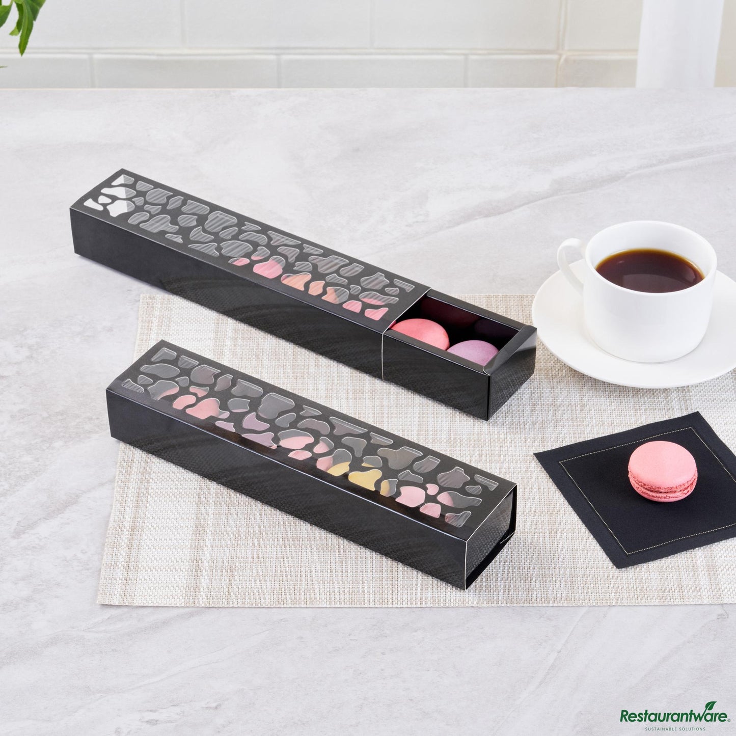 Wholesale Restaurantware Sentiero Rectangle Black Paper Macaron Box - Holds 5 Macarons - 10" X 2 1/4" X 1 1/2"- Bulk