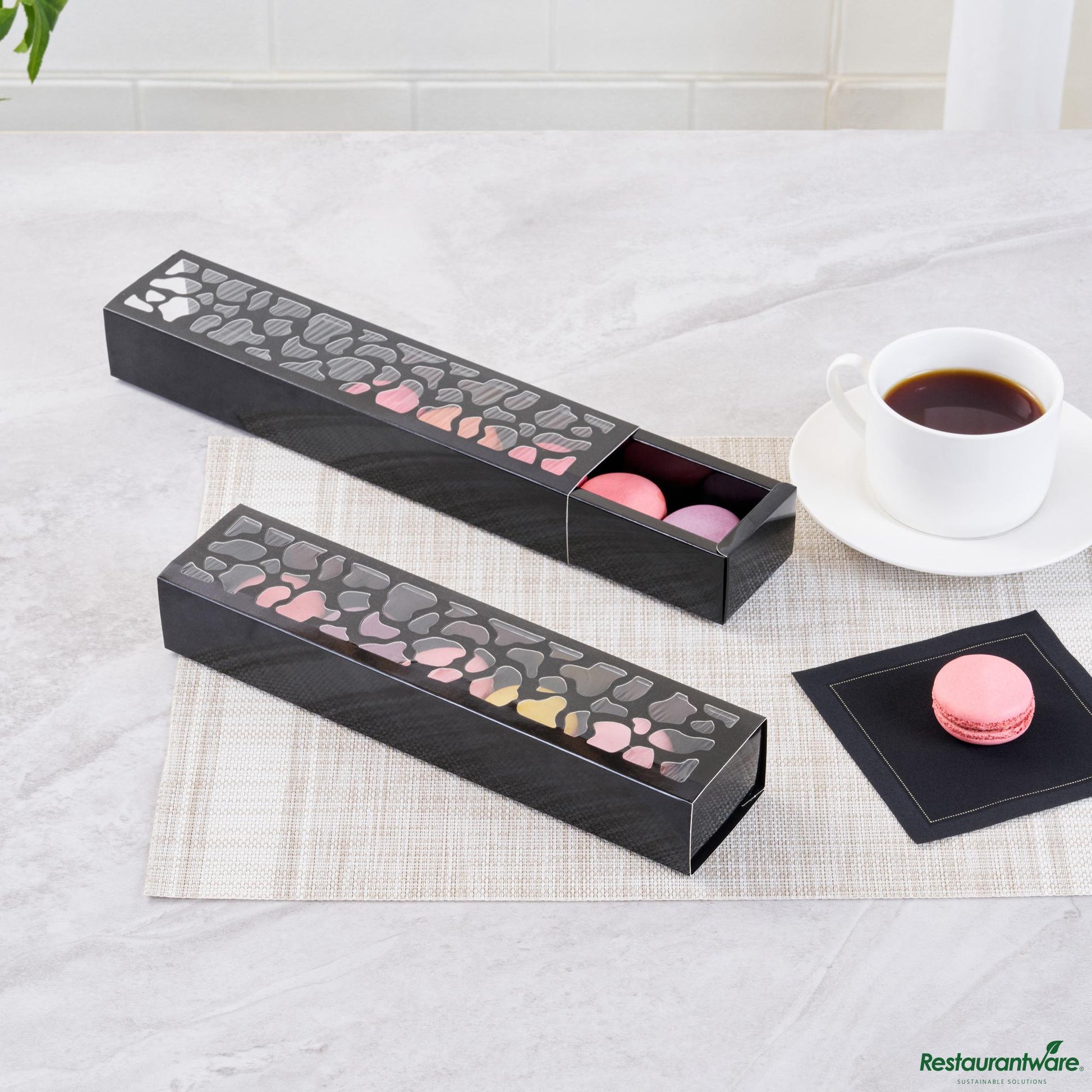 Wholesale Restaurantware Sentiero Rectangle Black Paper Macaron Box - Holds 5 Macarons - 10" X 2 1/4" X 1 1/2"- Bulk