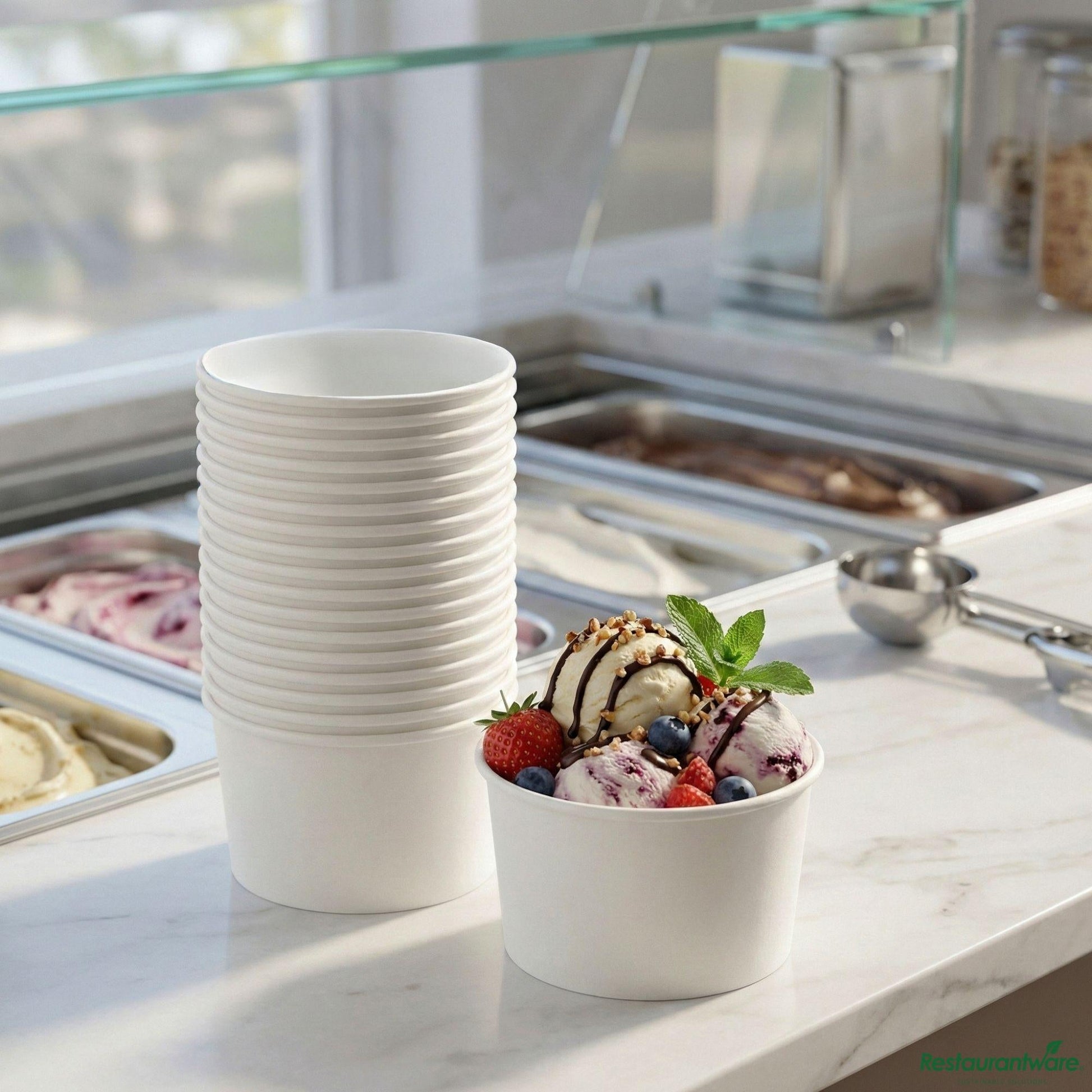 Wholesale Restaurantware Coppetta 8 Oz Round White Paper to Go Cup - 3 3/4" X 3 3/4" X 2 1/4"- Bulk
