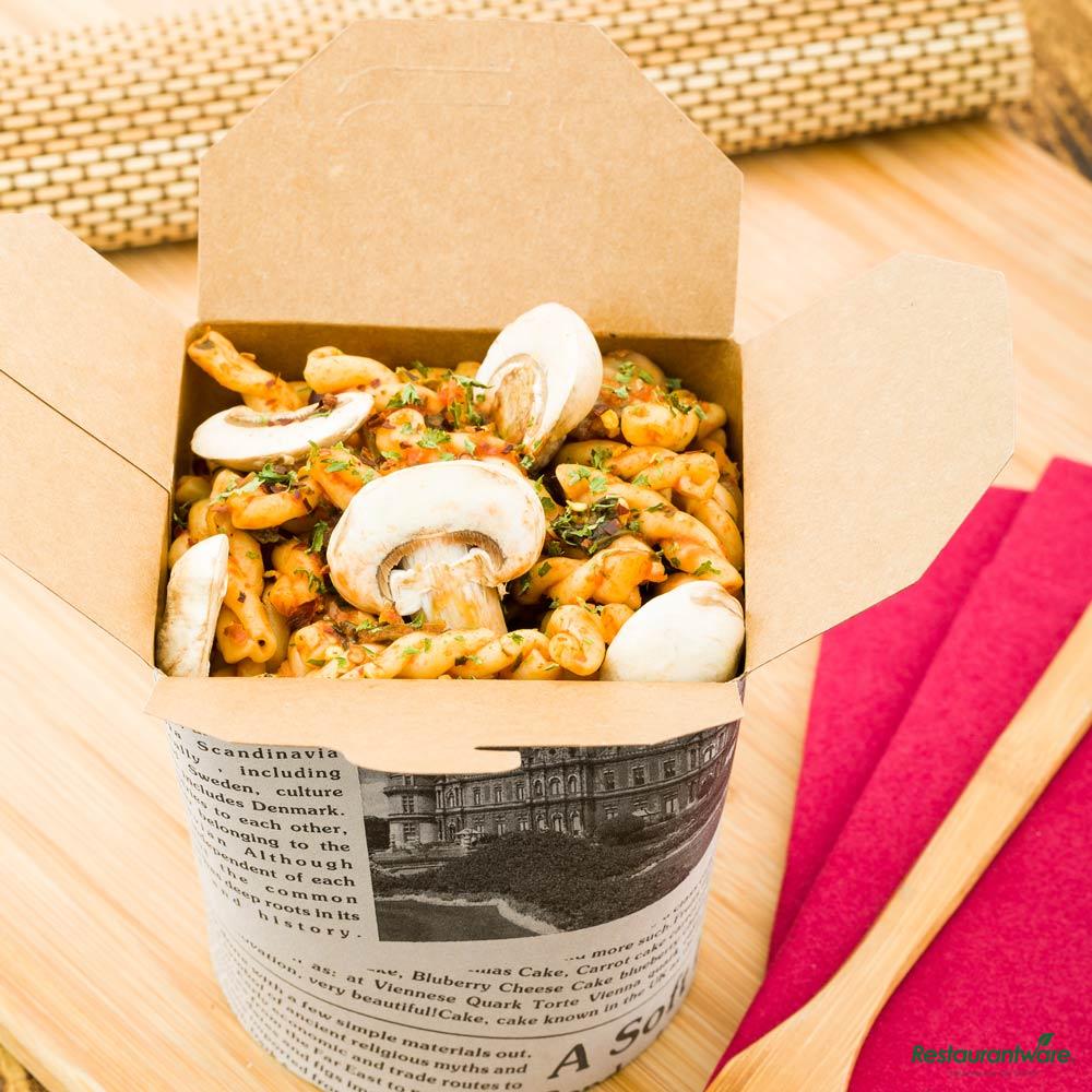 Wholesale Restaurantware Bio Tek 32 Oz Round Newsprint Paper Noodle Take Out Container - 4" X 3 1/2" X 4 1/2"- Bulk