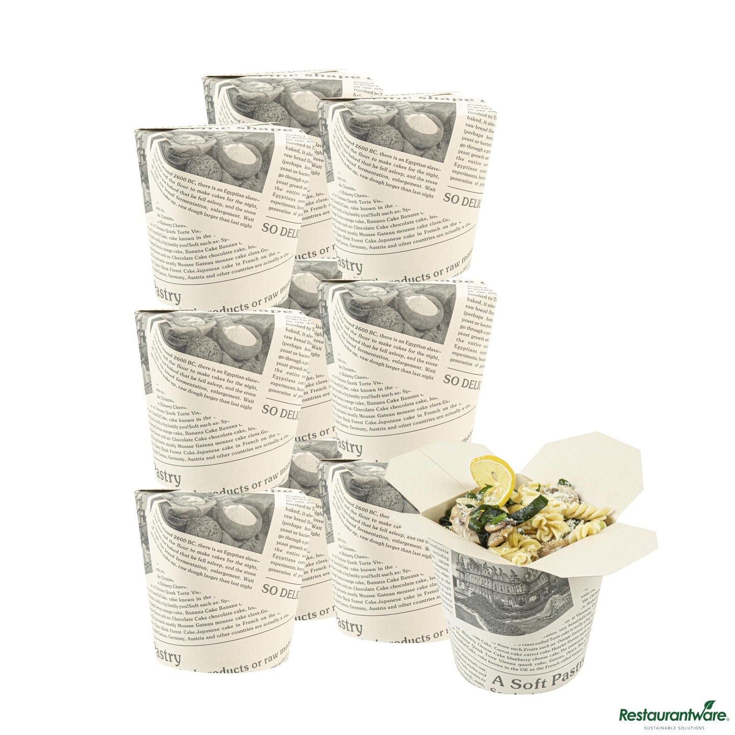 Wholesale Restaurantware Bio Tek 32 Oz Round Newsprint Paper Noodle Take Out Container - 4" X 3 1/2" X 4 1/2"- Bulk