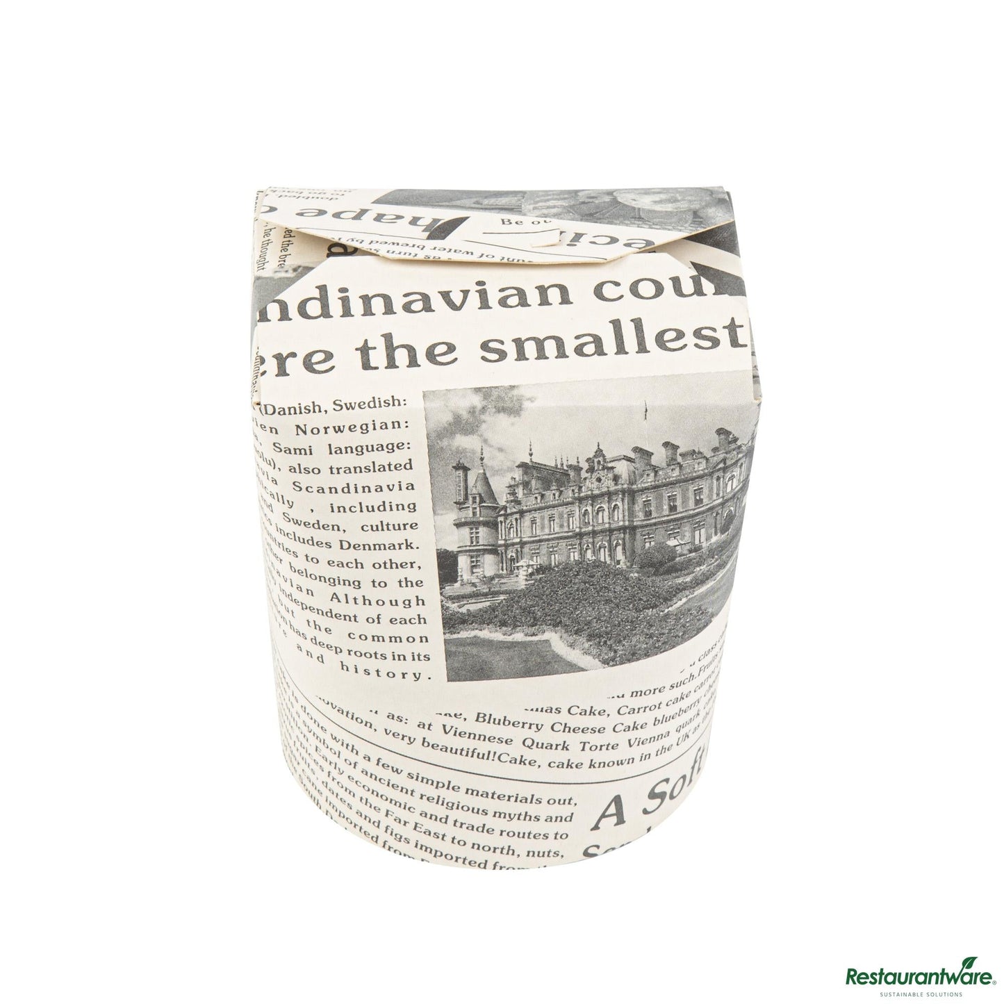 Wholesale Restaurantware Bio Tek 32 Oz Round Newsprint Paper Noodle Take Out Container - 4" X 3 1/2" X 4 1/2"- Bulk