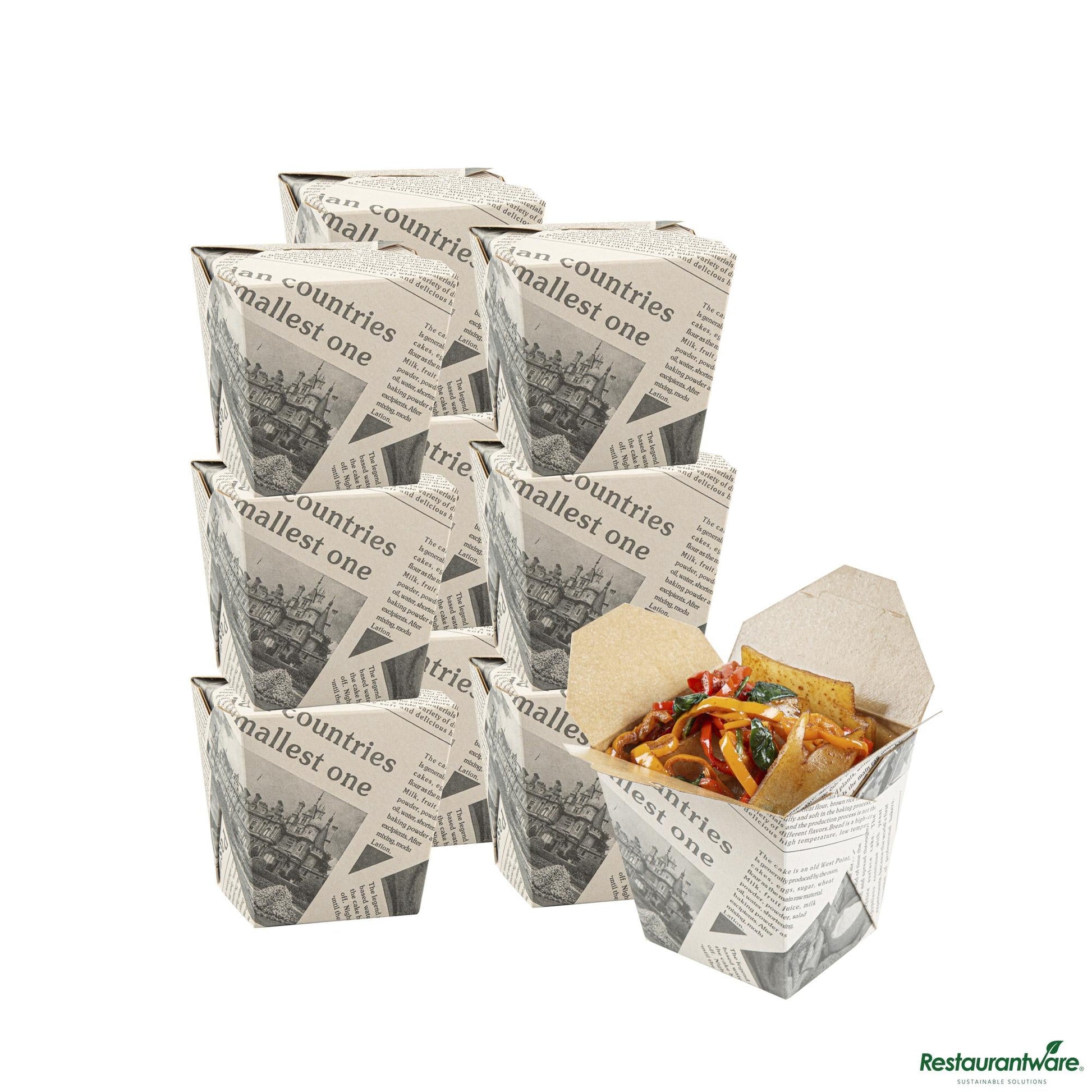 Wholesale Restaurantware Bio Tek 26 Oz Square Newsprint Paper Noodle Take Out Container - 4" X 3 1/2" X 4"- Bulk