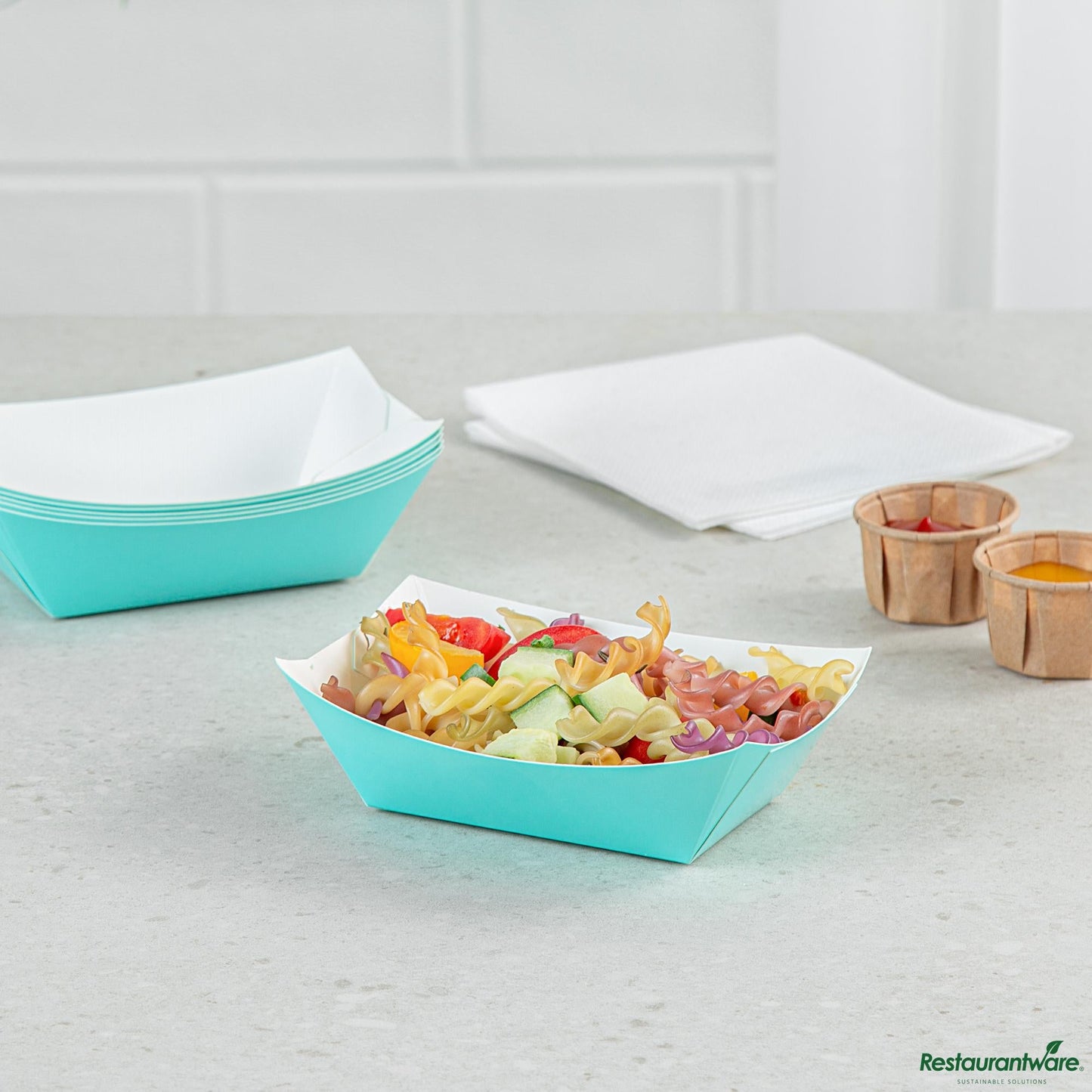 Restaurantware Bio Tek 6 Oz Turquoise Paper #40 Boat - 3 1/4" X 2" X 1 1/2"