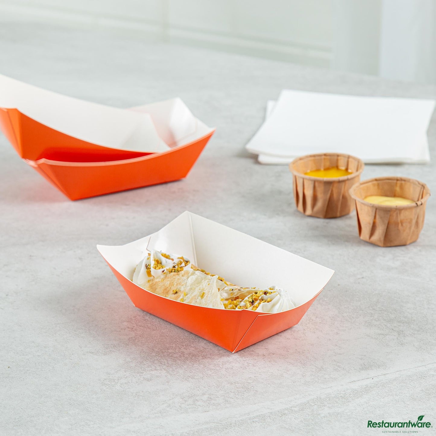 Restaurantware Bio Tek 6 Oz Tangerine Orange Paper #40 Boat - 3 1/4" X 2" X 1 1/2"