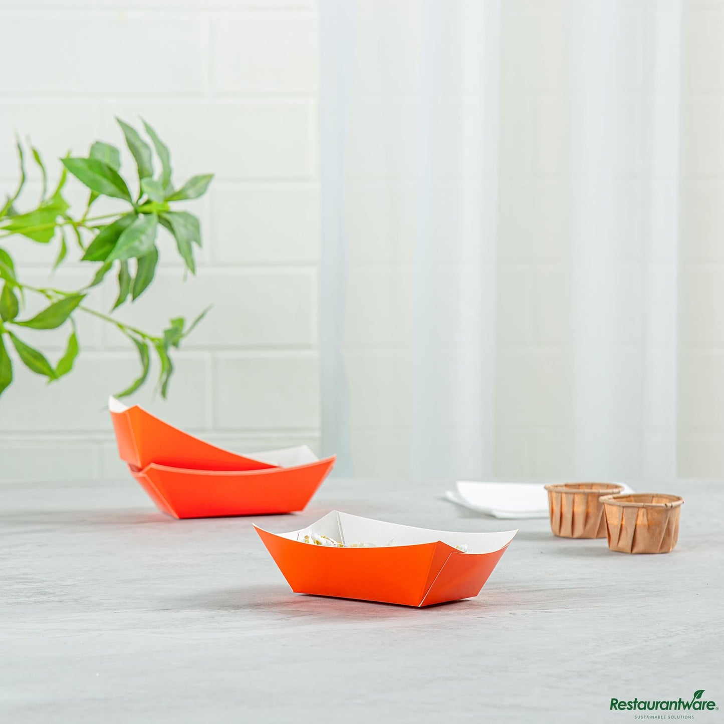 Restaurantware Bio Tek 6 Oz Tangerine Orange Paper #40 Boat - 3 1/4" X 2" X 1 1/2"