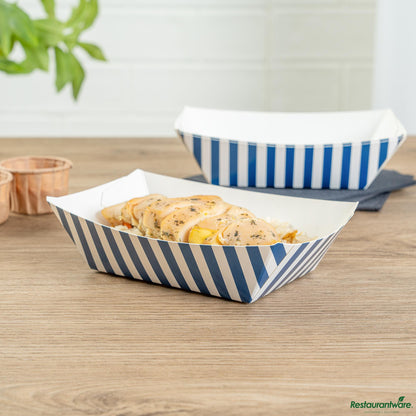 Wholesale Restaurantware Bio Tek 1/2 Lb Blue and White Stripe Paper #50 Boat - 4 1/4" X 2 3/4" X 1 1/2"- Bulk