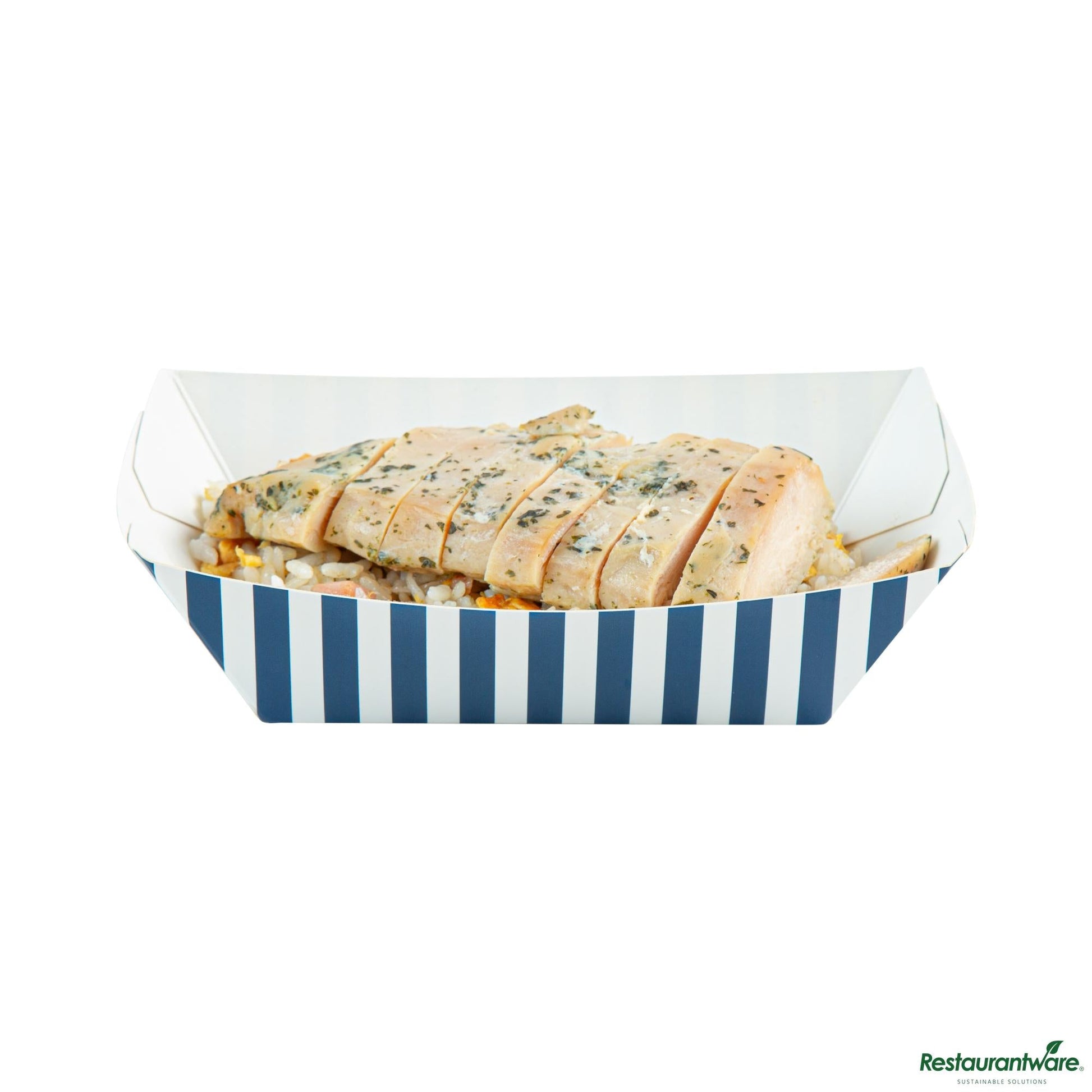 Wholesale Restaurantware Bio Tek 1/2 Lb Blue and White Stripe Paper #50 Boat - 4 1/4" X 2 3/4" X 1 1/2"- Bulk