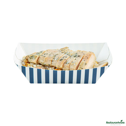 Wholesale Restaurantware Bio Tek 1/2 Lb Blue and White Stripe Paper #50 Boat - 4 1/4" X 2 3/4" X 1 1/2"- Bulk