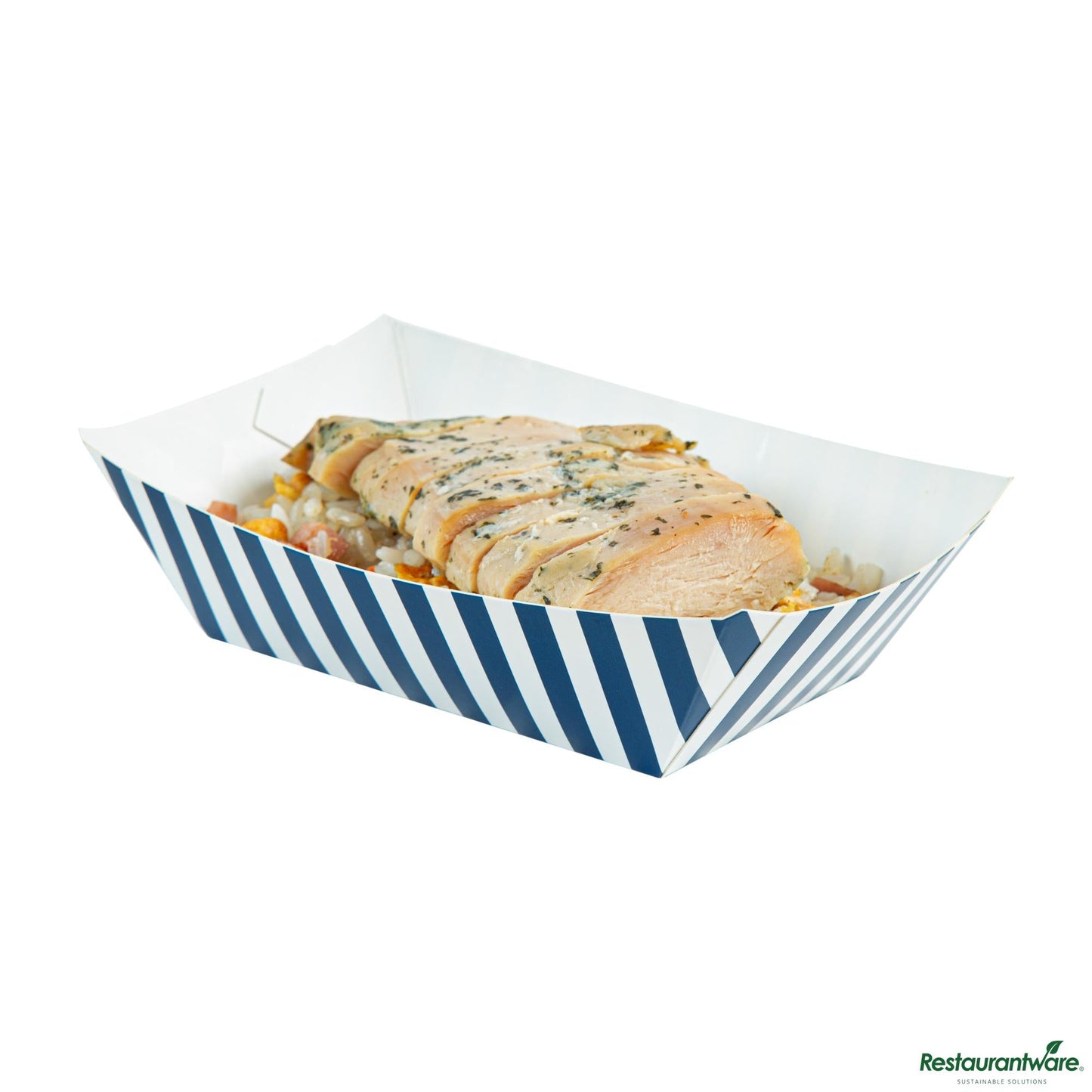 Wholesale Restaurantware Bio Tek 1/2 Lb Blue and White Stripe Paper #50 Boat - 4 1/4" X 2 3/4" X 1 1/2"- Bulk