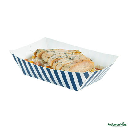 Wholesale Restaurantware Bio Tek 1/2 Lb Blue and White Stripe Paper #50 Boat - 4 1/4" X 2 3/4" X 1 1/2"- Bulk