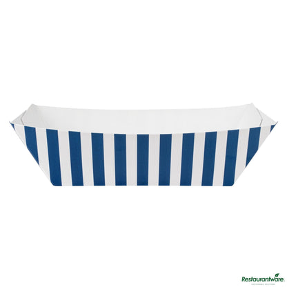 Wholesale Restaurantware Bio Tek 1/2 Lb Blue and White Stripe Paper #50 Boat - 4 1/4" X 2 3/4" X 1 1/2"- Bulk
