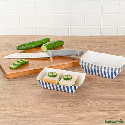 Wholesale Restaurantware Bio Tek 1/2 Lb Blue and White Stripe Paper #50 Boat - 4 1/4" X 2 3/4" X 1 1/2"- Bulk