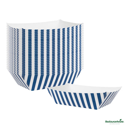 Wholesale Restaurantware Bio Tek 1/2 Lb Blue and White Stripe Paper #50 Boat - 4 1/4" X 2 3/4" X 1 1/2"- Bulk
