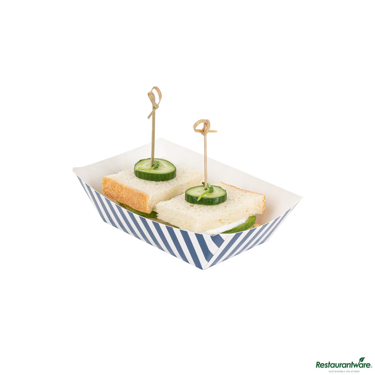 Wholesale Restaurantware Bio Tek 1/2 Lb Blue and White Stripe Paper #50 Boat - 4 1/4" X 2 3/4" X 1 1/2"- Bulk