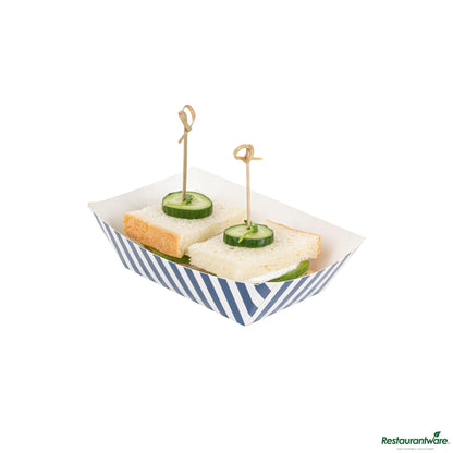 Wholesale Restaurantware Bio Tek 1/2 Lb Blue and White Stripe Paper #50 Boat - 4 1/4" X 2 3/4" X 1 1/2"- Bulk