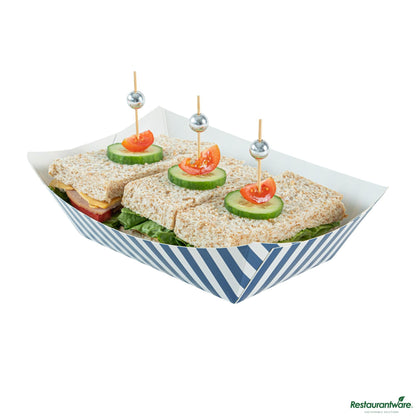 Wholesale Restaurantware Bio Tek 1 Lb Blue and White Stripe Paper #100 Boat - 5 1/2" X 3 1/2" X 2"- Bulk