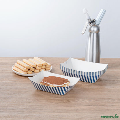 Wholesale Restaurantware Bio Tek 1 Lb Blue and White Stripe Paper #100 Boat - 5 1/2" X 3 1/2" X 2"- Bulk