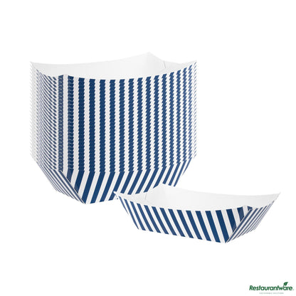 Wholesale Restaurantware Bio Tek 1 Lb Blue and White Stripe Paper #100 Boat - 5 1/2" X 3 1/2" X 2"- Bulk