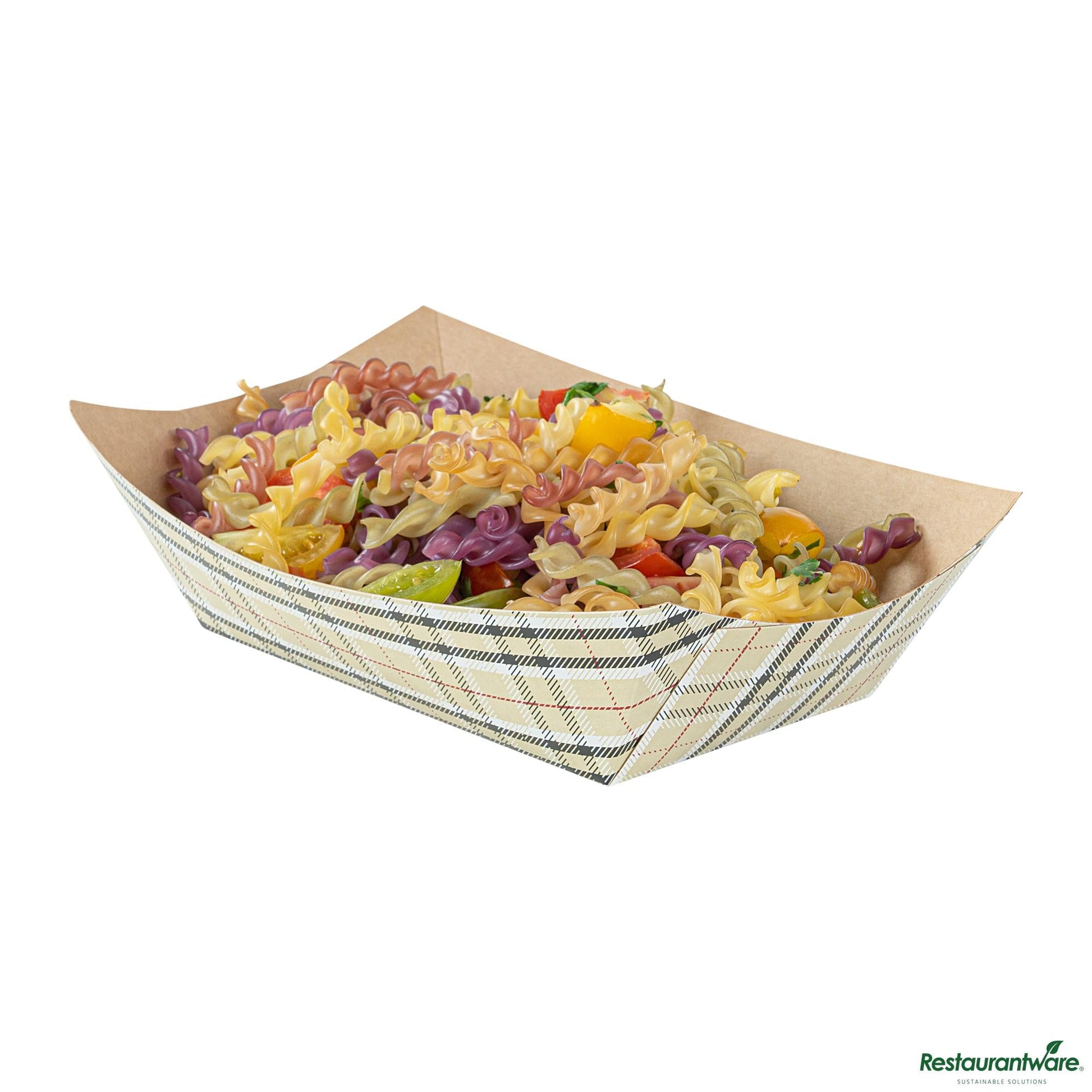 Wholesale Restaurantware Bio Tek 1 Lb Plaid Paper #100 Boat - 5 1/2" X 3 1/2" X 2"- Bulk