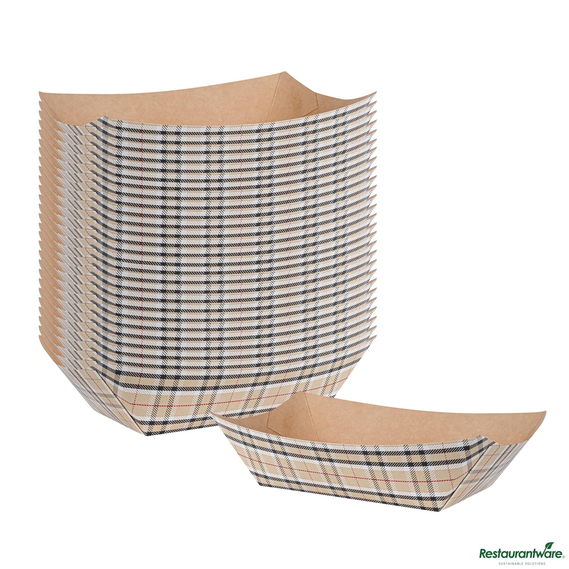 Wholesale Restaurantware Bio Tek 1 Lb Plaid Paper #100 Boat - 5 1/2" X 3 1/2" X 2"- Bulk