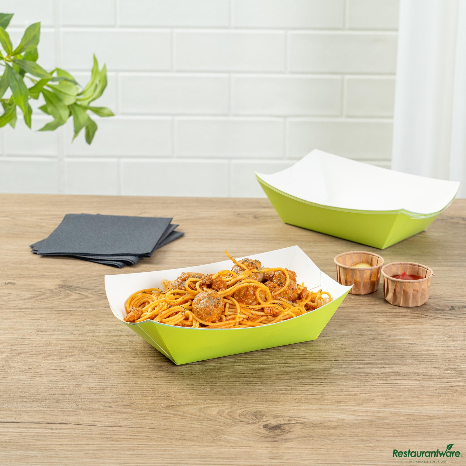 Wholesale Restaurantware Bio Tek 1 Lb Eco Green Paper #100 Boat - 5 1/2" X 3 1/2" X 2"- Bulk