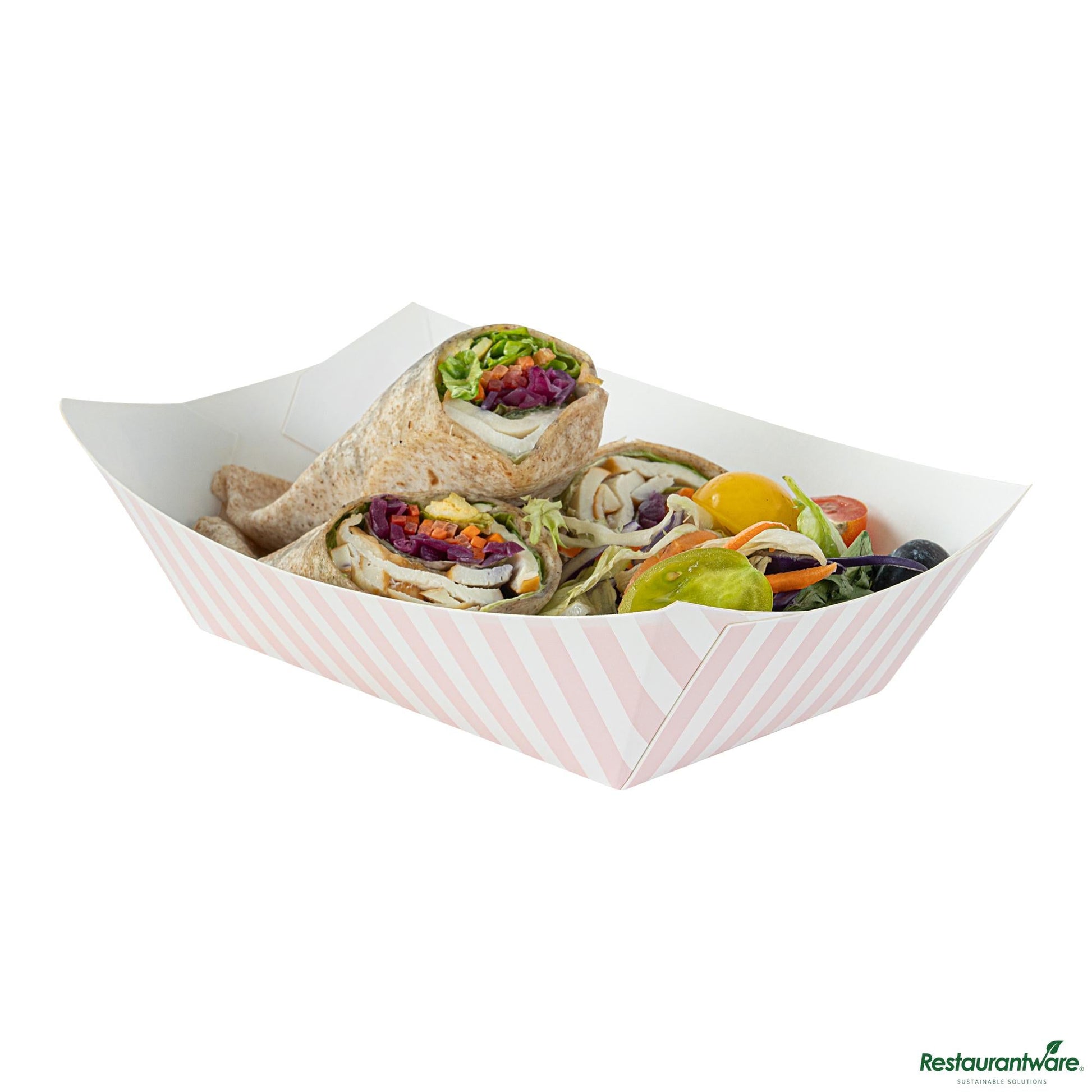 Wholesale Restaurantware Bio Tek 1 Lb Pink and White Stripe Paper #100 Boat - 5 1/2" X 3 1/2" X 2"- Bulk