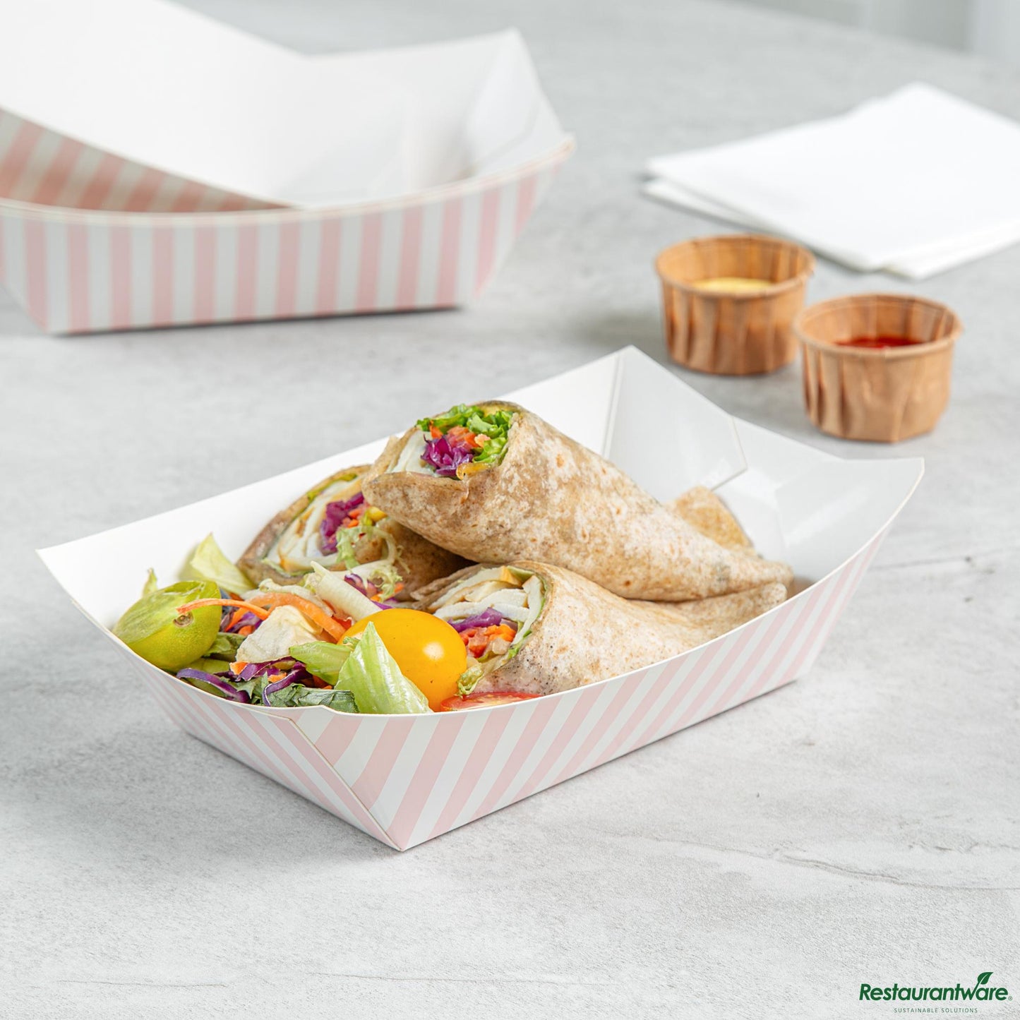 Wholesale Restaurantware Bio Tek 1 Lb Pink and White Stripe Paper #100 Boat - 5 1/2" X 3 1/2" X 2"- Bulk