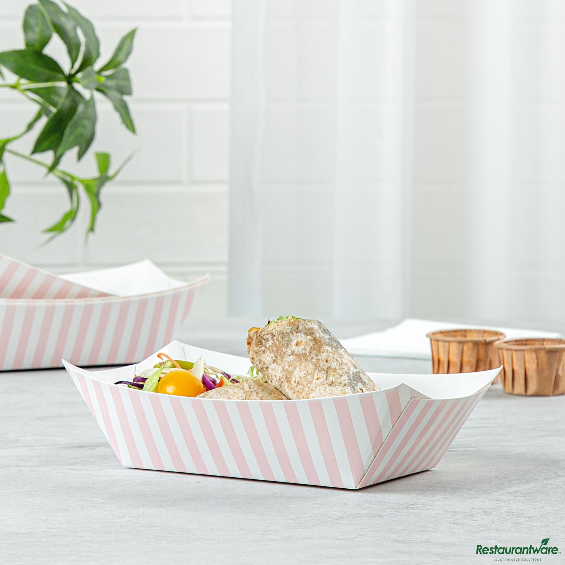 Wholesale Restaurantware Bio Tek 1 Lb Pink and White Stripe Paper #100 Boat - 5 1/2" X 3 1/2" X 2"- Bulk