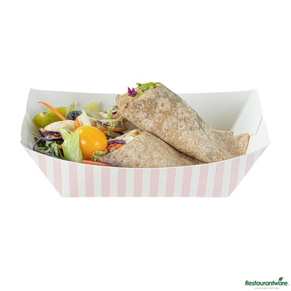 Wholesale Restaurantware Bio Tek 1 Lb Pink and White Stripe Paper #100 Boat - 5 1/2" X 3 1/2" X 2"- Bulk