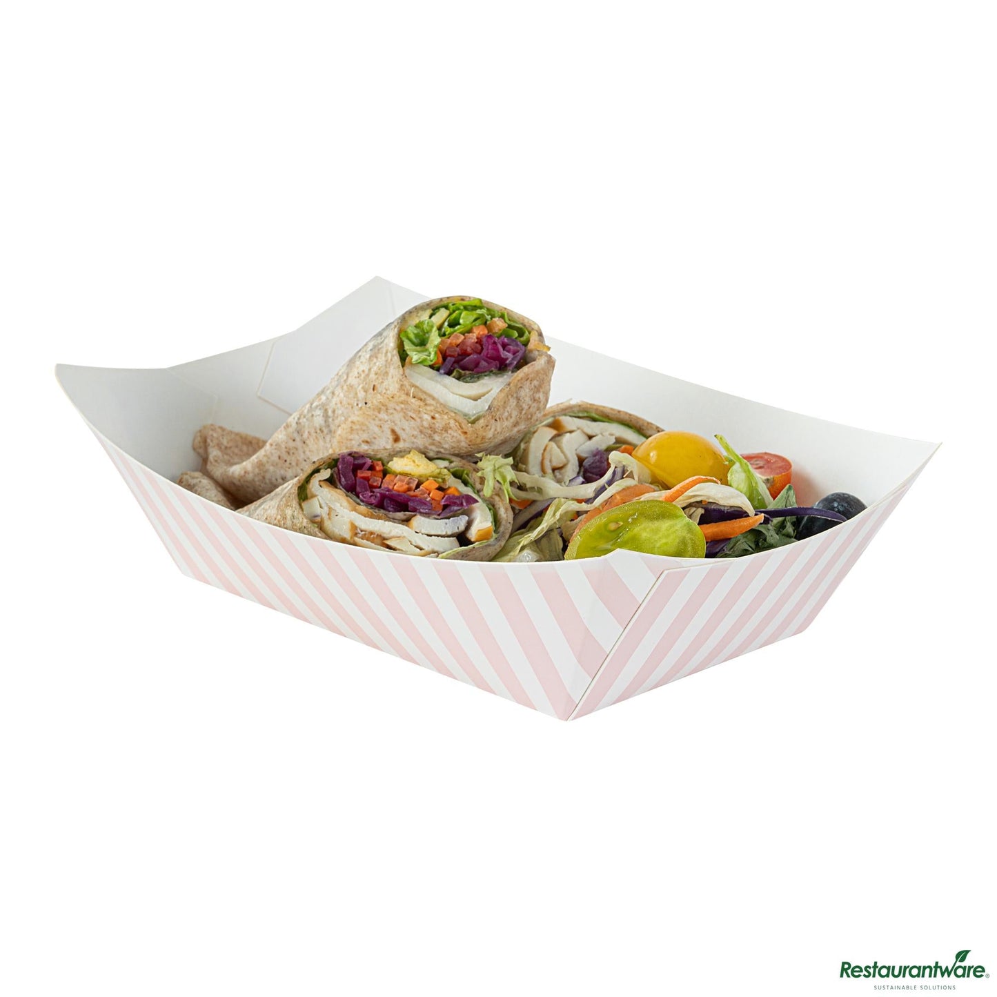 Wholesale Restaurantware Bio Tek 1 Lb Pink and White Stripe Paper #100 Boat - 5 1/2" X 3 1/2" X 2"- Bulk
