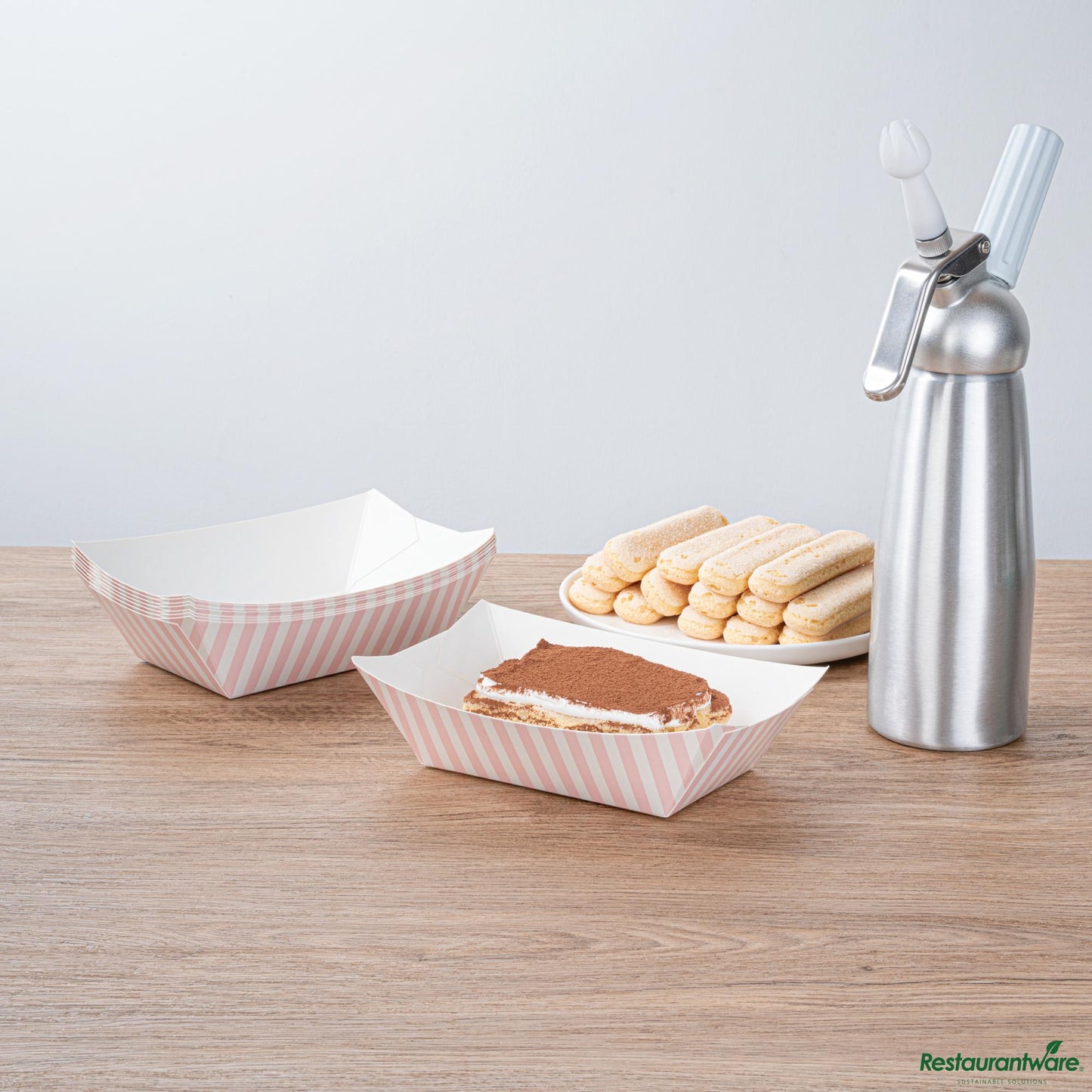 Wholesale Restaurantware Bio Tek 1 Lb Pink and White Stripe Paper #100 Boat - 5 1/2" X 3 1/2" X 2"- Bulk