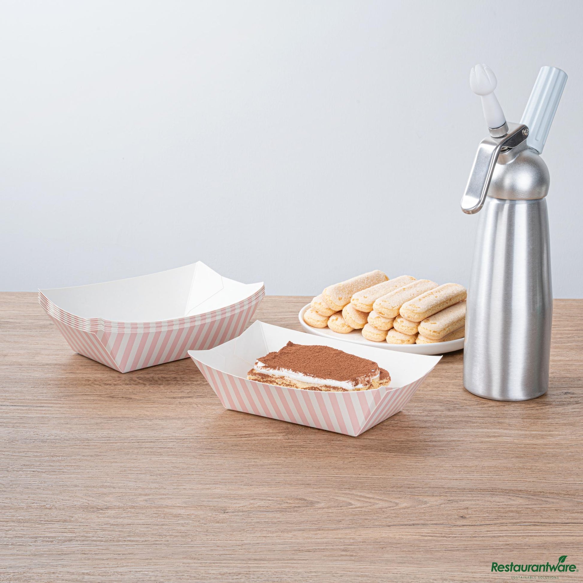 Wholesale Restaurantware Bio Tek 1 Lb Pink and White Stripe Paper #100 Boat - 5 1/2" X 3 1/2" X 2"- Bulk