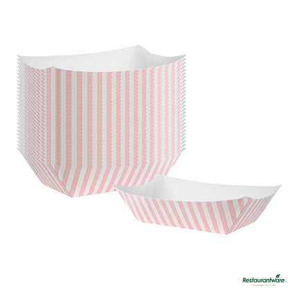 Wholesale Restaurantware Bio Tek 1 Lb Pink and White Stripe Paper #100 Boat - 5 1/2" X 3 1/2" X 2"- Bulk