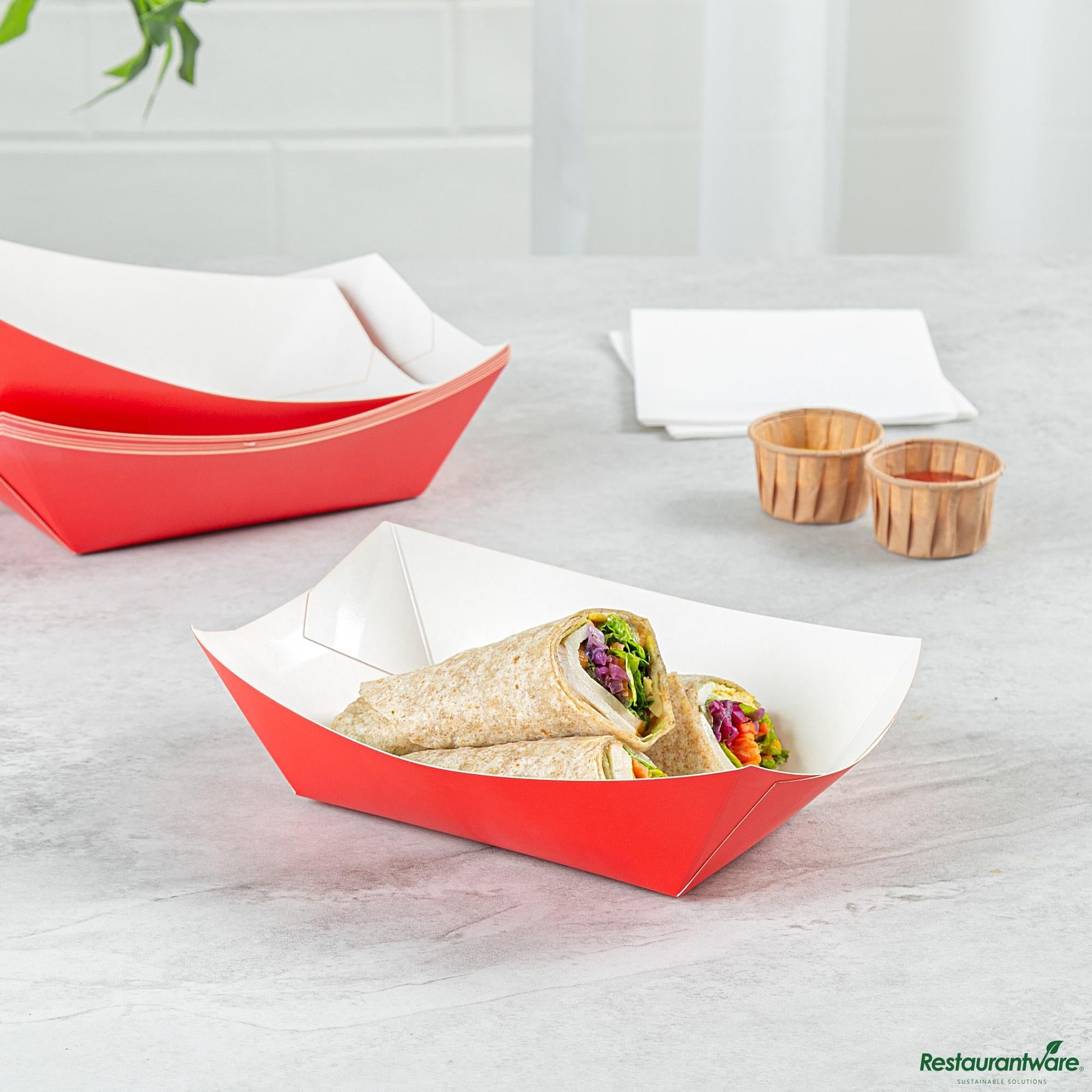 Wholesale Restaurantware Bio Tek 1 Lb Red Paper #100 Boat - 5 1/2" X 3 1/2" X 2"- Bulk