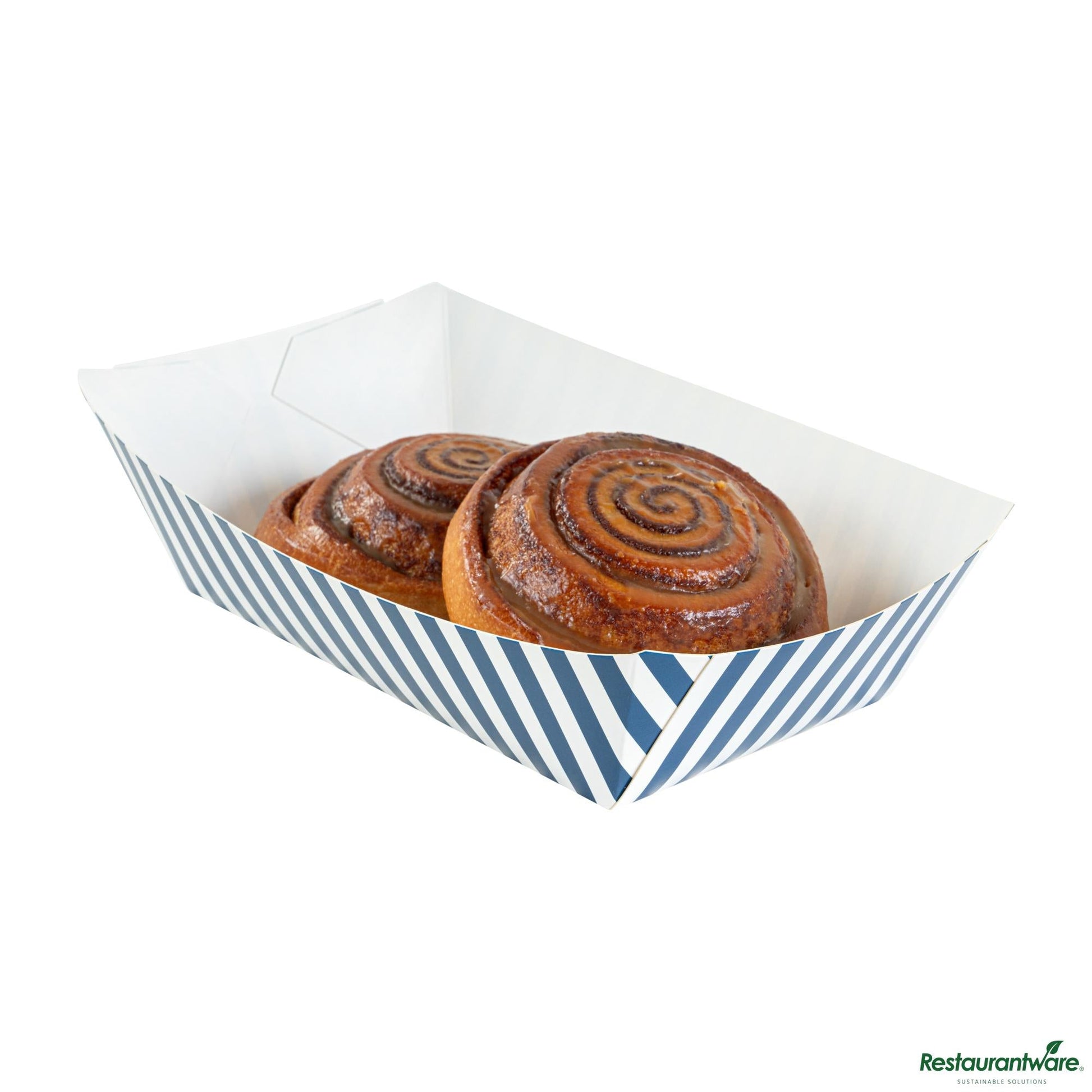 Wholesale Restaurantware Bio Tek 2 Lb Blue and White Stripe Paper #200 Boat - 6 1/2" X 3 3/4" X 2 1/4"- Bulk