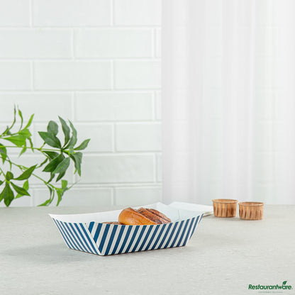 Wholesale Restaurantware Bio Tek 2 Lb Blue and White Stripe Paper #200 Boat - 6 1/2" X 3 3/4" X 2 1/4"- Bulk