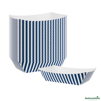 Wholesale Restaurantware Bio Tek 2 Lb Blue and White Stripe Paper #200 Boat - 6 1/2" X 3 3/4" X 2 1/4"- Bulk