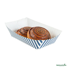 Wholesale Restaurantware Bio Tek 2 Lb Blue and White Stripe Paper #200 Boat - 6 1/2" X 3 3/4" X 2 1/4"- Bulk