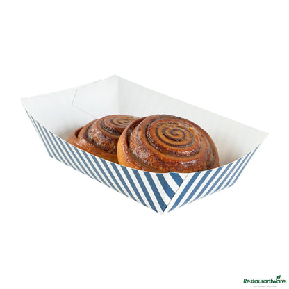 Wholesale Restaurantware Bio Tek 2 Lb Blue and White Stripe Paper #200 Boat - 6 1/2" X 3 3/4" X 2 1/4"- Bulk