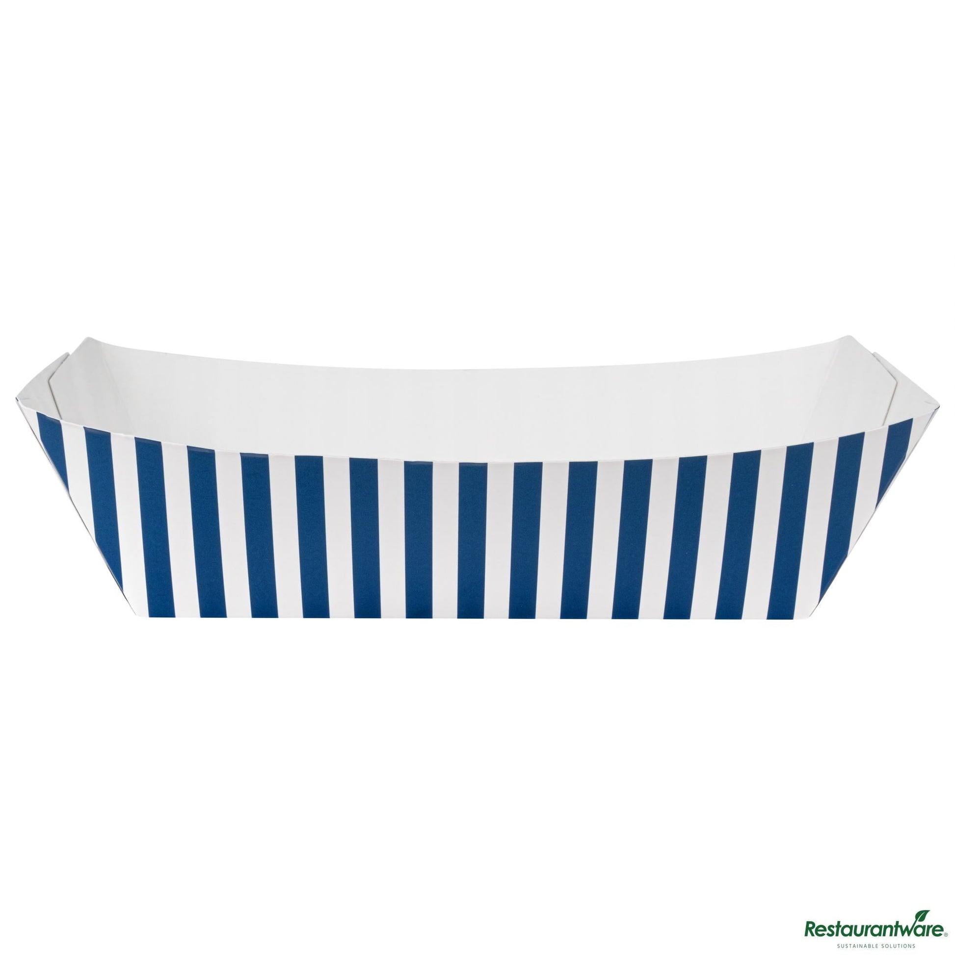 Wholesale Restaurantware Bio Tek 2 Lb Blue and White Stripe Paper #200 Boat - 6 1/2" X 3 3/4" X 2 1/4"- Bulk