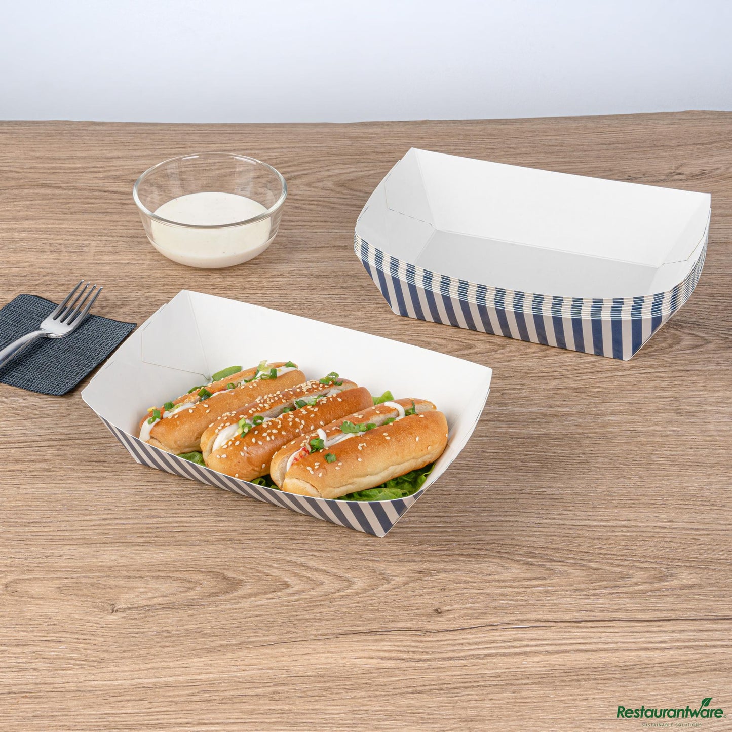 Wholesale Restaurantware Bio Tek 2 Lb Blue and White Stripe Paper #200 Boat - 6 1/2" X 3 3/4" X 2 1/4"- Bulk