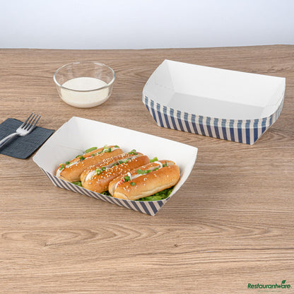 Wholesale Restaurantware Bio Tek 2 Lb Blue and White Stripe Paper #200 Boat - 6 1/2" X 3 3/4" X 2 1/4"- Bulk