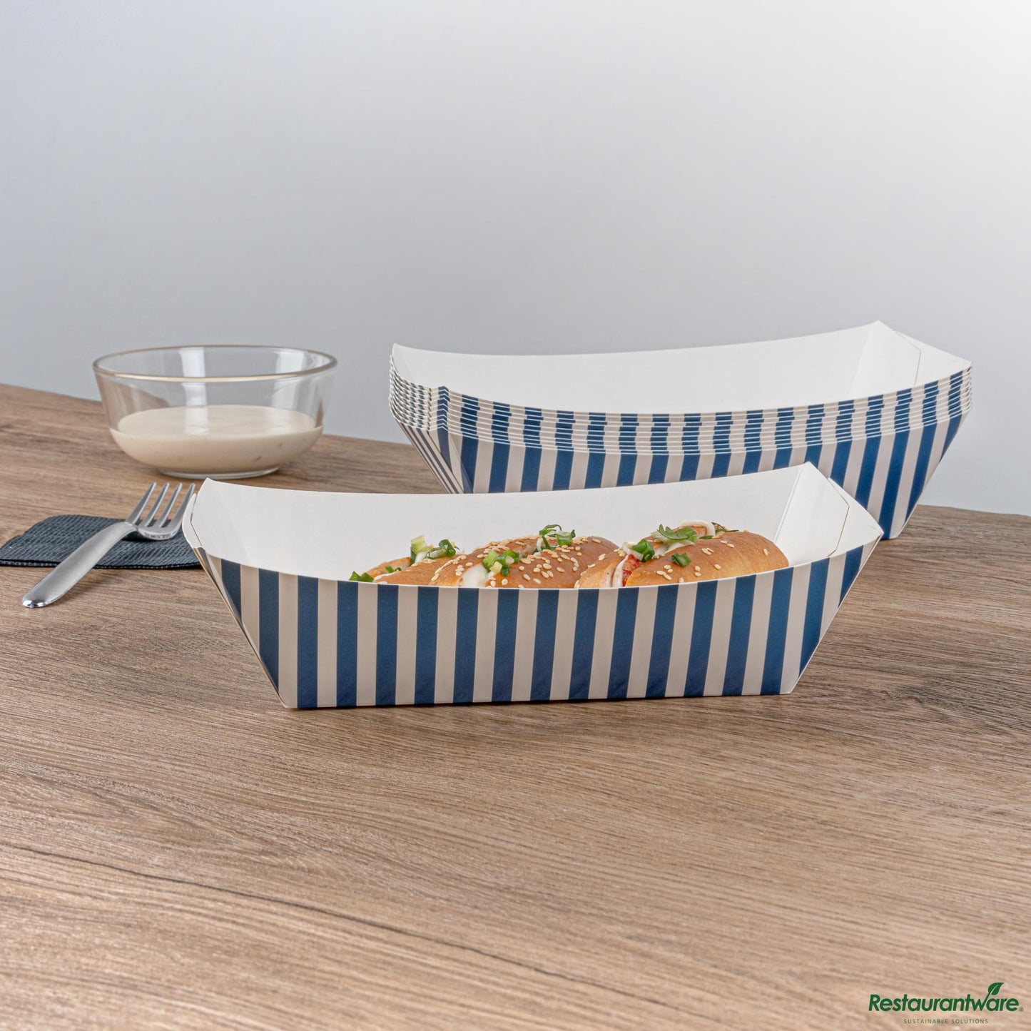 Wholesale Restaurantware Bio Tek 2 Lb Blue and White Stripe Paper #200 Boat - 6 1/2" X 3 3/4" X 2 1/4"- Bulk