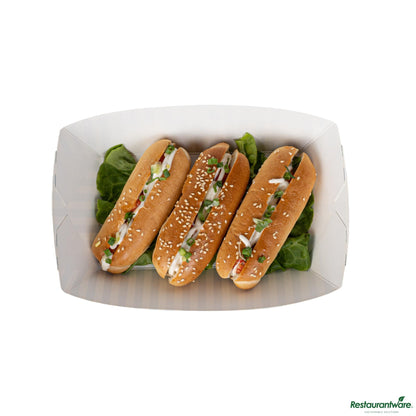 Wholesale Restaurantware Bio Tek 2 Lb Blue and White Stripe Paper #200 Boat - 6 1/2" X 3 3/4" X 2 1/4"- Bulk