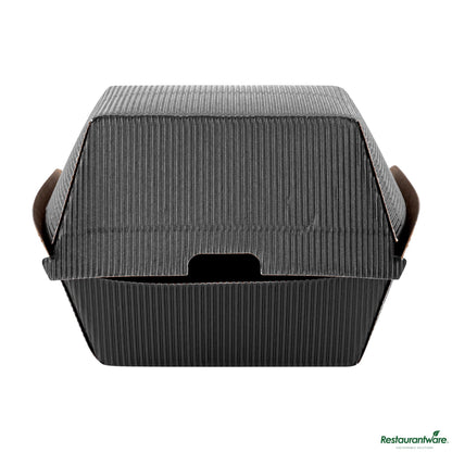 Wholesale Restaurantware Black Paper Burger Box - Ripple Wall - 4" X 4" X 3 3/4"- Bulk