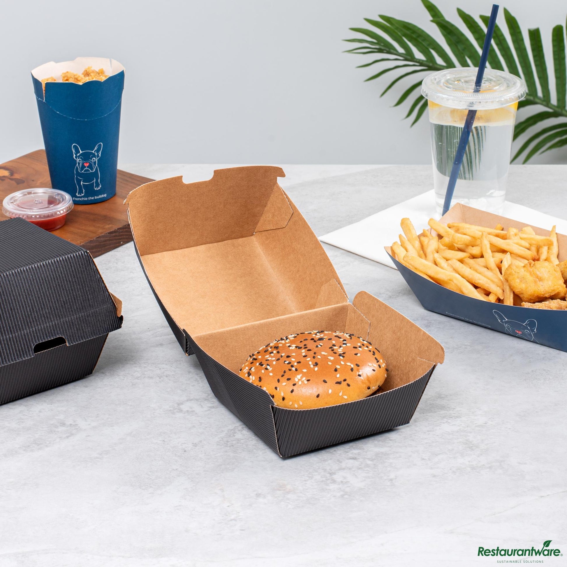 Wholesale Restaurantware Black Paper Burger Box - Ripple Wall - 4" X 4" X 3 3/4"- Bulk